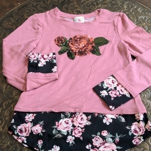 Girls Jenna & Jessie L/S Sequined blouse, Pink & Black with Roses, Size-Large 12